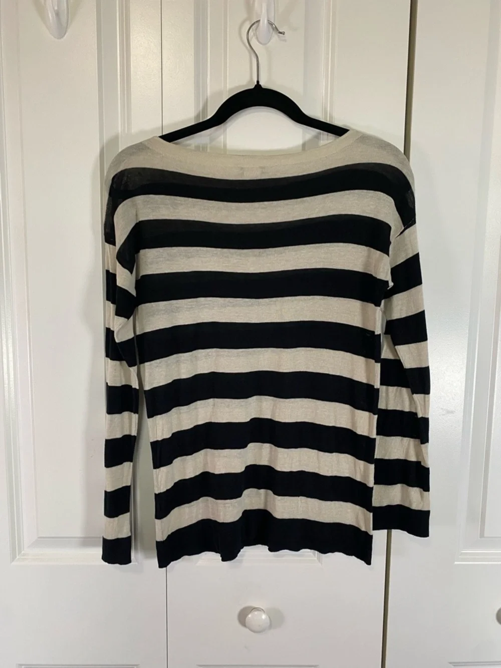 J. Crew Black and Cream Striped Scoop-Neck Sweater